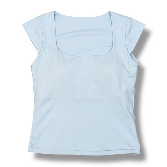 OGL Stretch Square Neck Cap Sleeve Athleisure Top Powder Blue Small - Picture 11 of 11